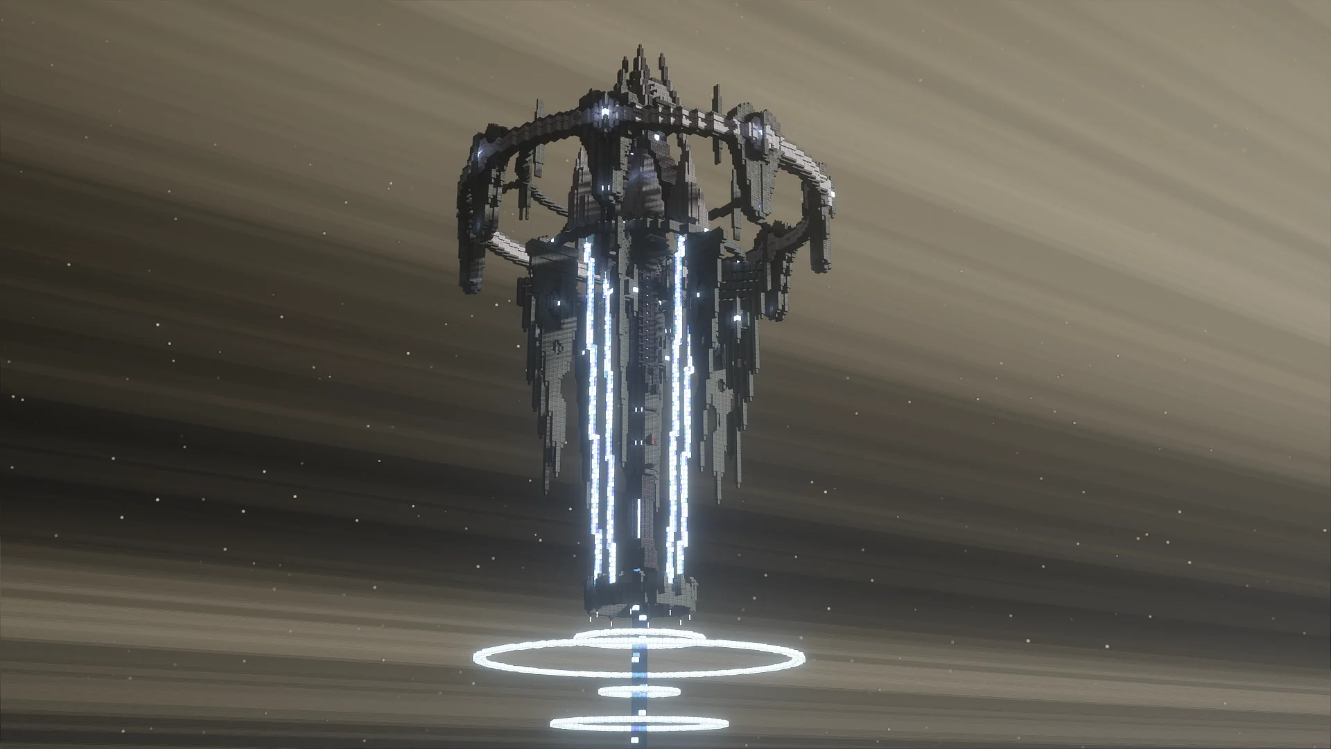 星空の下にそびえる光る巨大建築